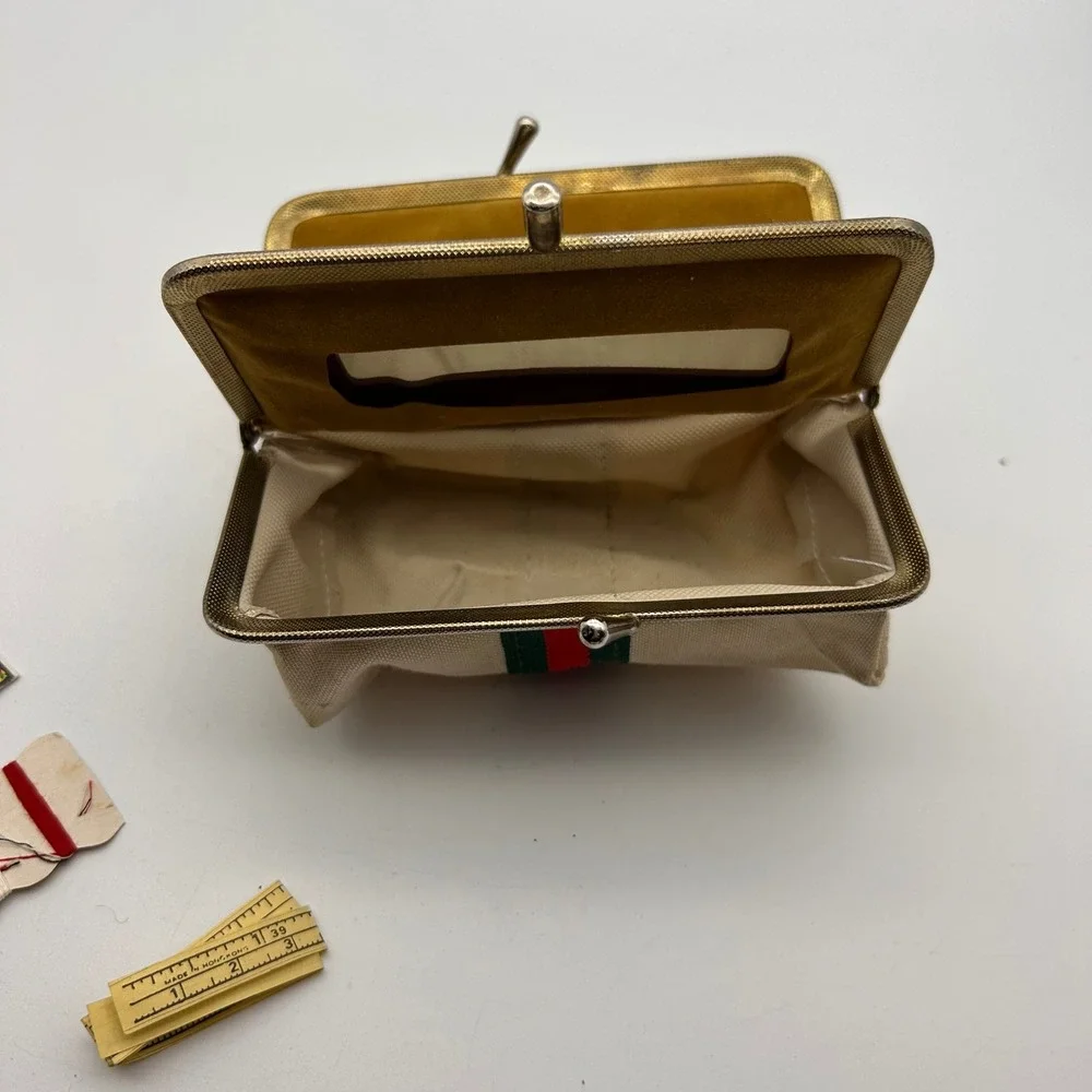 Vintage Travel Vanity Sewing Kit Canvas Green Red Web Stripe Kiss Lock Gold Tone